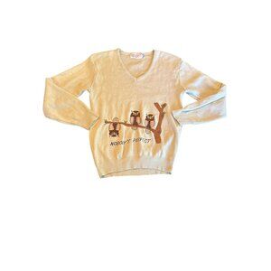 Lady LaMode Beige V-Neck Sweater Owl Embroidery "Nobodys Perfect" L Vintage 70s